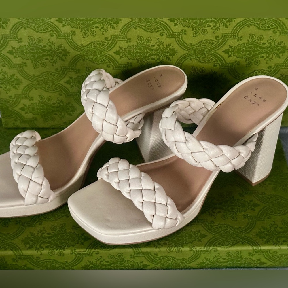 A New Day White Braided Double-Strap Block Heel Sandals